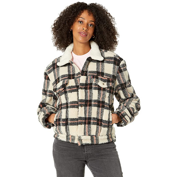 Levi's Womens Trucker Jacket Ex-Boyfriend All Over Sherpa Plaid Beige Size S NWT - Picture 1 of 12